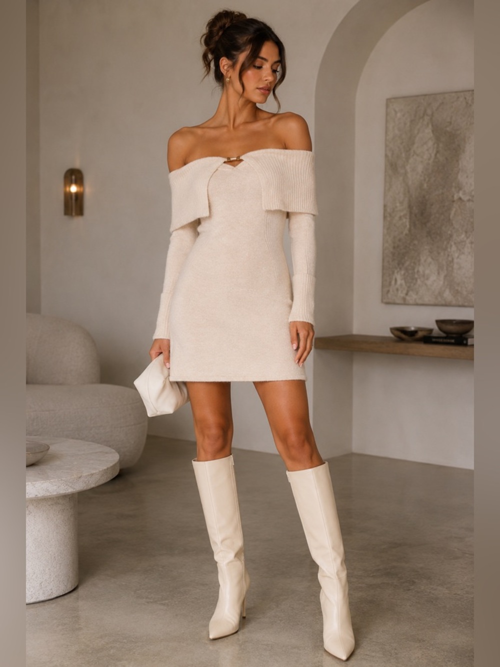 Cult Gaia Edna Knit Off Shoulder Mini Dress in Off White